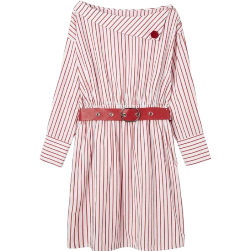 拉夏贝尔长袖连衣裙女装春季韩版高腰显瘦a字裙一字领条纹衬衫裙