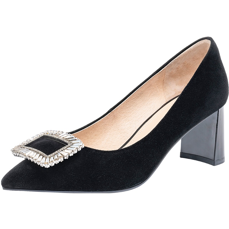 百田森商场同款尖头方扣时尚真皮单鞋女浅口粗跟宴会婚伴娘鞋