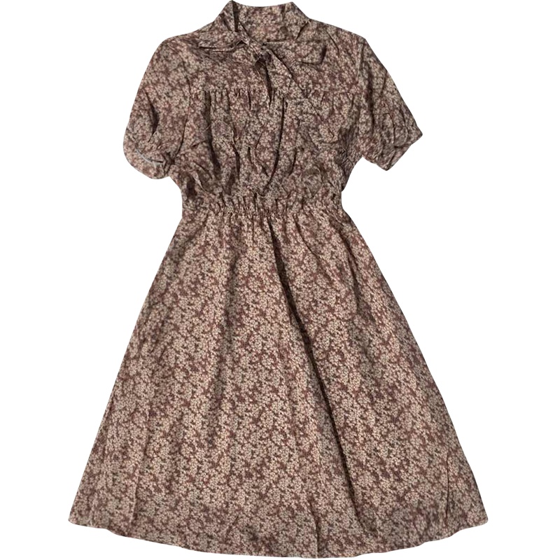 雅鹿高腰显瘦碎花雪纺连衣裙甜美荷叶边蝴蝶结中长款裙子2210Q03039