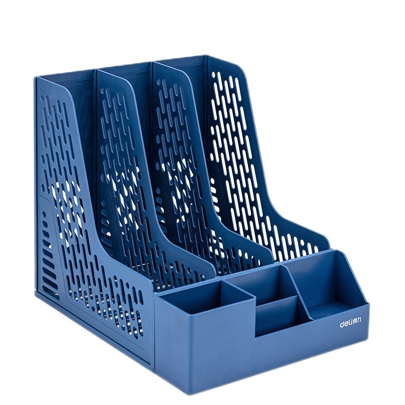 得力(deli)文件框桌面办公文件座多功能收纳架文件夹筐资料架子带笔筒 三联文件筐 78980