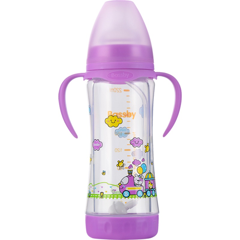 贝斯比bassby 宽口弧形玻璃防爆两用自动奶瓶带120mlPP防护套粉紫