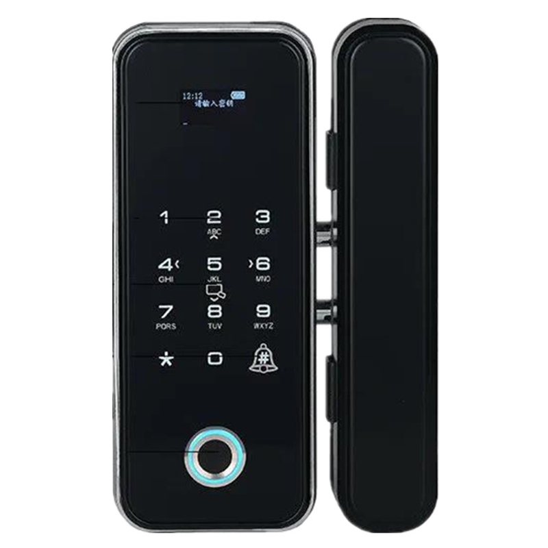 办公室玻璃门指纹锁免开孔密码锁单双门有无框智能全自动电子门锁 考勤指纹一体机 黑色 双门有框