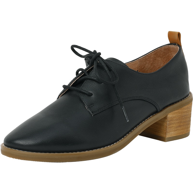 百田森新款系带休闲方跟真皮小皮鞋简约舒适英伦风百搭女鞋