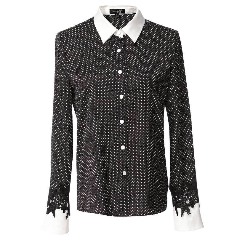 欧昵雪秋装polo领拼接花边长袖波点衬衫女修身衬衣打底衫