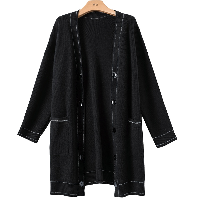 晚白2020秋冬新品简约百搭休闲纯色单排扣中长款毛衫针织衫外套女