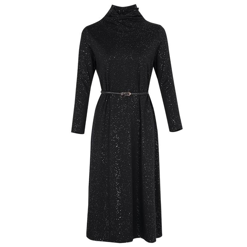 晚白2021春季新品时尚典雅修身显瘦高领长袖百搭通勤职业连衣裙女