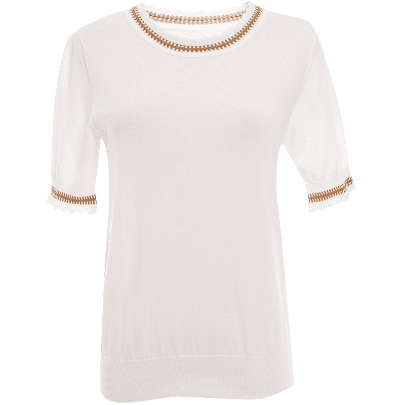 欧昵雪夏季波浪圆领拼接短袖薄款上衣女显瘦打底针织衫