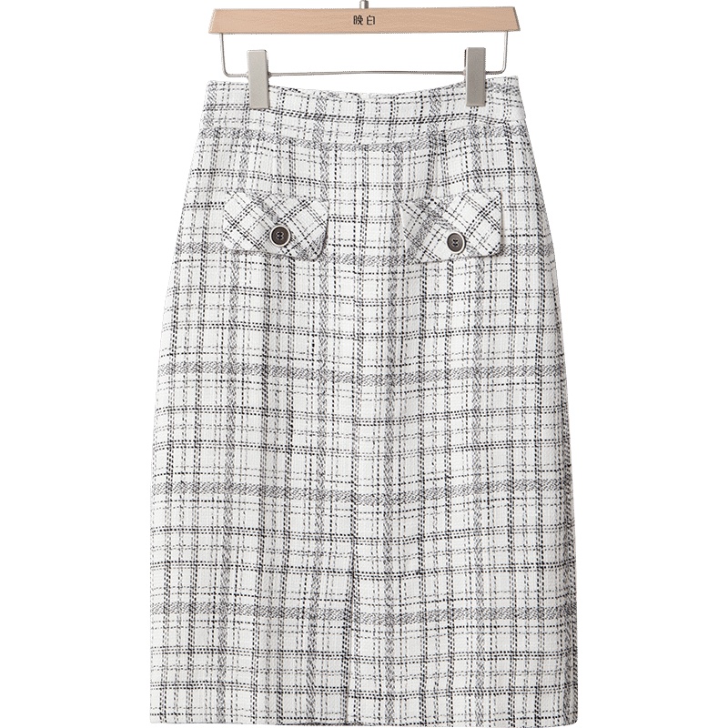 晚白2020冬季新品修身名媛淑女格子印花小香风半裙包臀裙半身裙女