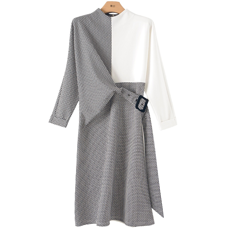 晚白2020秋冬新品时尚半高领长袖收腰系带不对称格子减龄连衣裙女