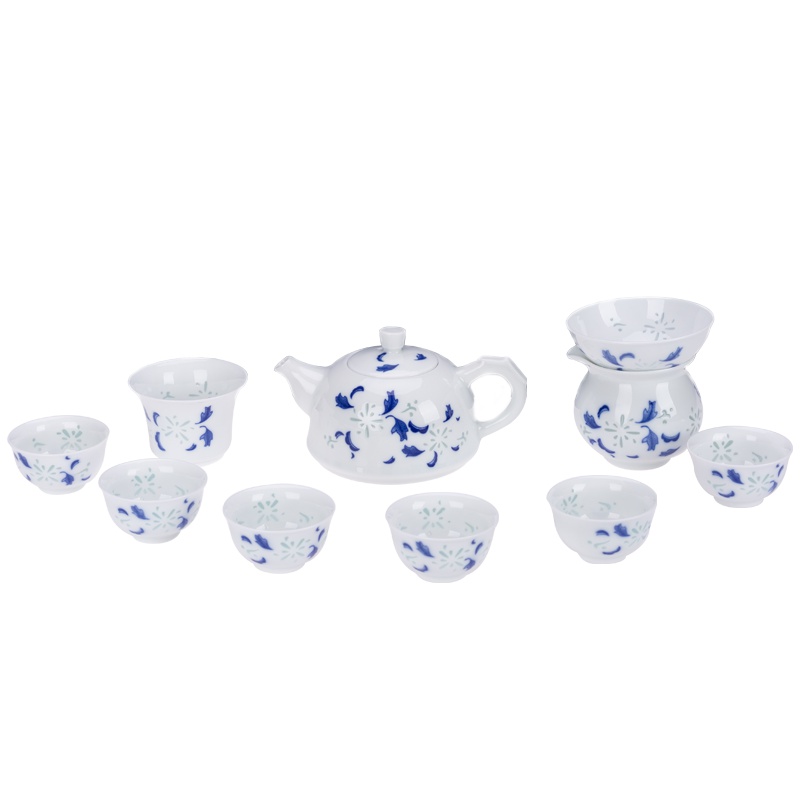 景德镇店手绘青花玲珑陶瓷功夫茶具套装白瓷家用泡茶壶茶杯