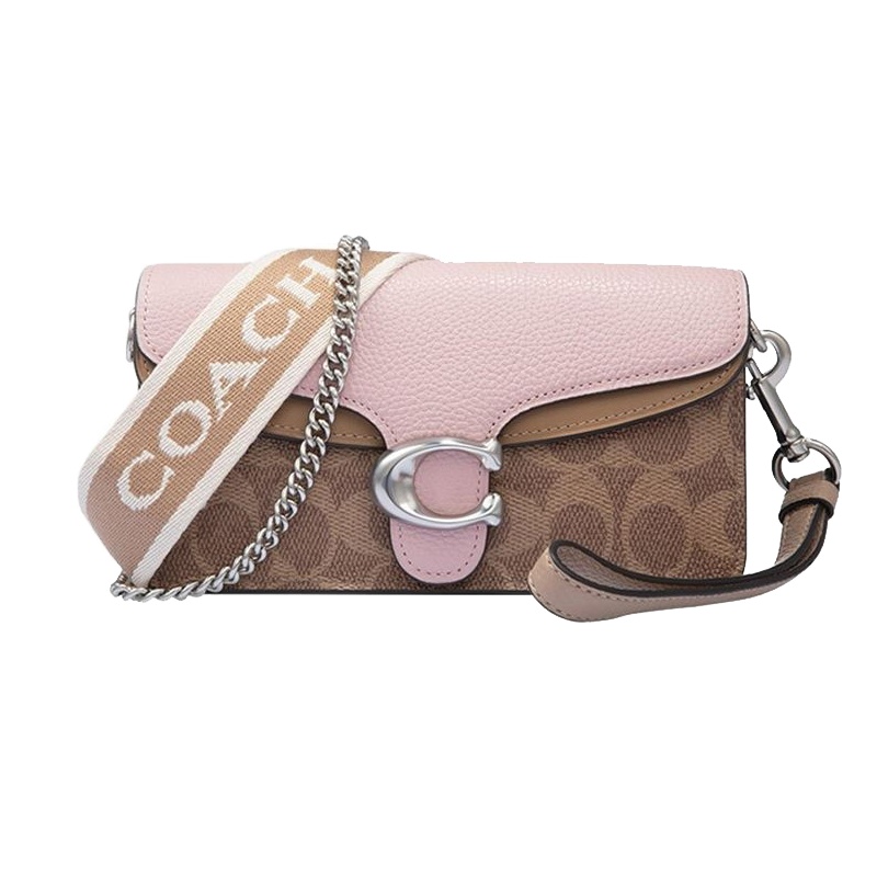 蔻驰 COACH 品 女士专柜款TABBY系列卡其拼色PVC配皮手拎单肩斜挎包手拿包链条包91772 L 卡其拼