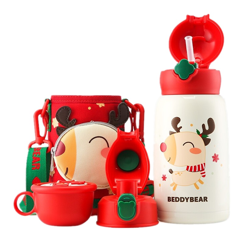 (免费刻字)新款口袋圣诞款杯具熊儿童保温杯带吸管儿童水杯316不锈钢内胆宝宝学饮杯儿童保温壶630mlBEDDYBEAR