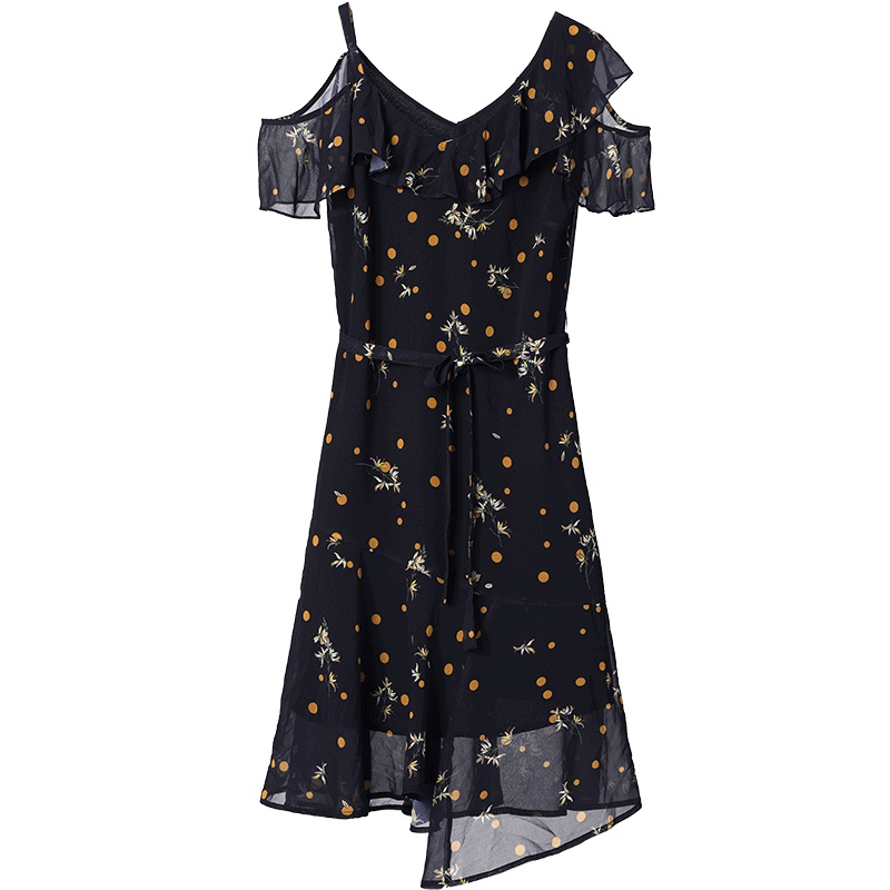 OSA欧莎2019夏装新款女装 性感V领露肩吊带波点印花雪纺连衣裙