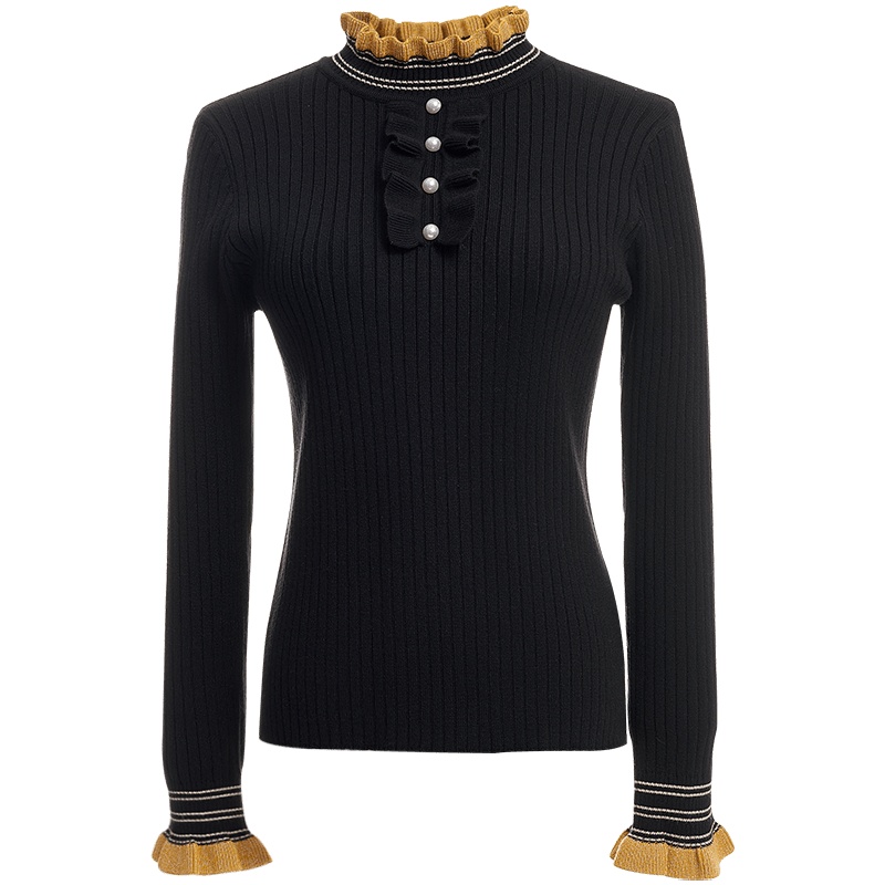 欧昵雪冬装木耳立领拼接荷叶边长袖针织衫女修身显瘦毛衣