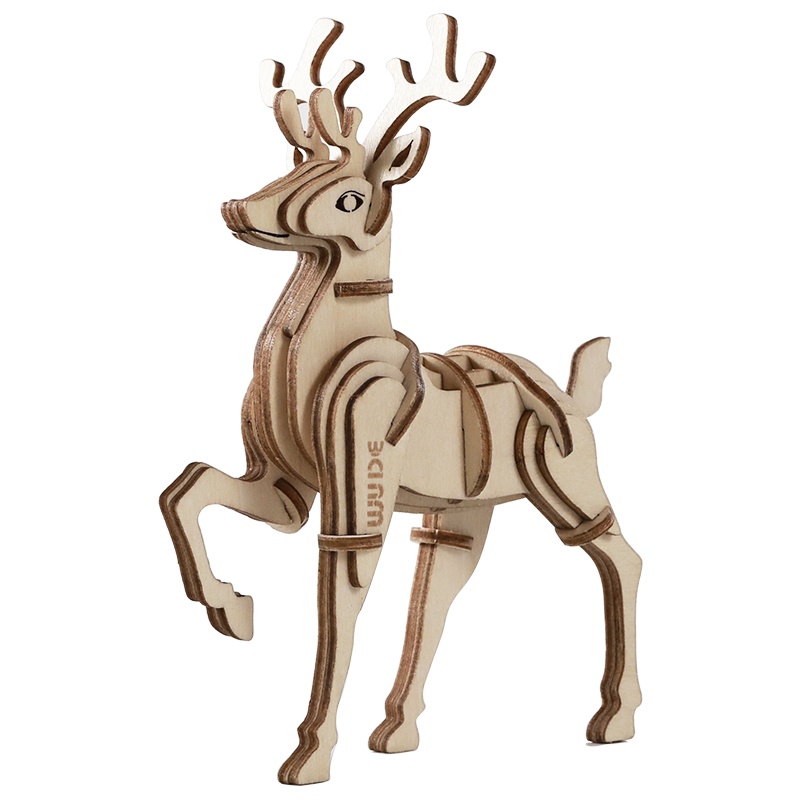 WUDE 梅花鹿动物木制立体3d拼图木质diy积木玩具儿童手工拼装模型组装插片摆件圣诞礼物
