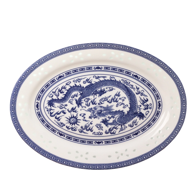 LICHEN 景德镇青花古典玲珑瓷器鱼盘 青花龙工字蝙蝠釉中彩陶瓷盘碟子 12英寸鱼盘