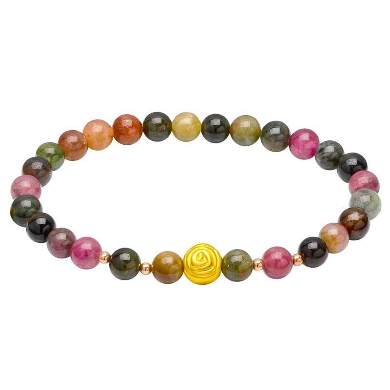 蒂蔻 玫瑰花黄金手链女款本命年18K玫瑰金多彩碧玺路路通3D硬金手串自戴送老婆