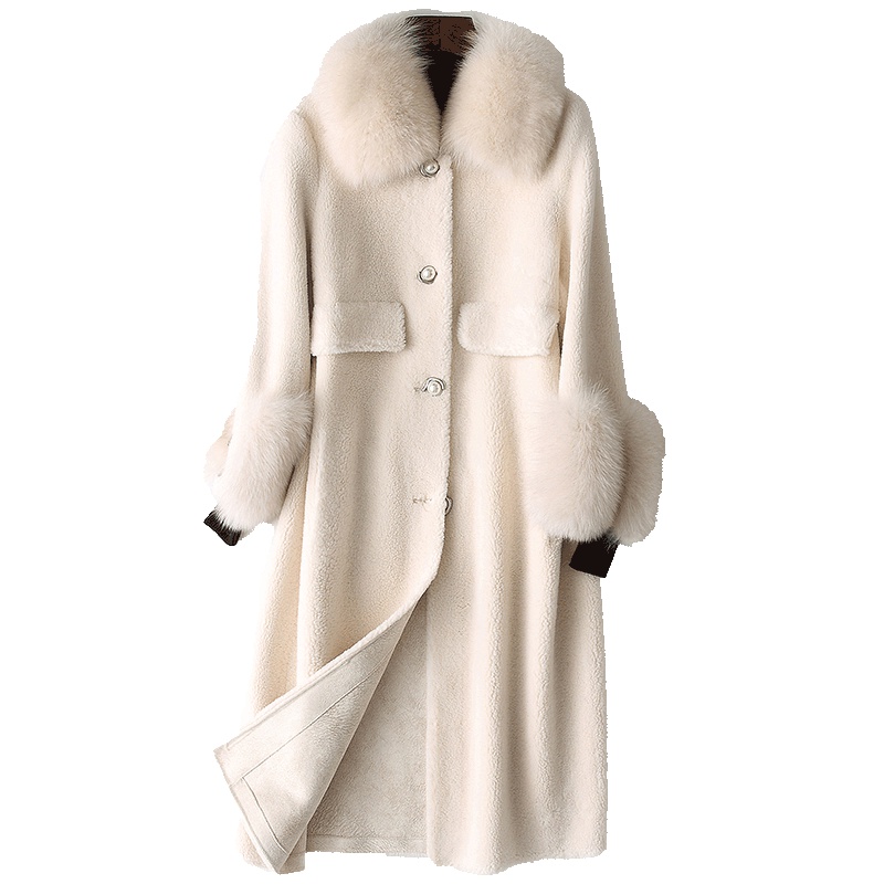 憨厚皇后 2019春季新款海宁羊剪毛皮大衣女士长款狐狸毛领外套W