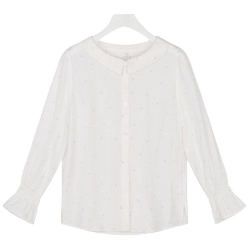 【专柜同款】拉夏贝尔春季新款娃娃领喇叭袖上衣小清新百搭印花宽松衬衫70009956 本白 S