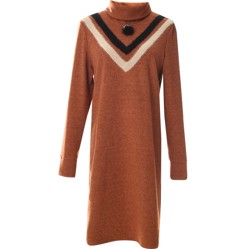 欧昵雪冬装半高领拼接仿貂毛罗纹毛呢连衣裙女显瘦a字裙