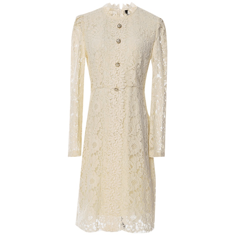 欧昵雪花边立领收腰镂空蕾丝连衣裙女显瘦长袖a字裙