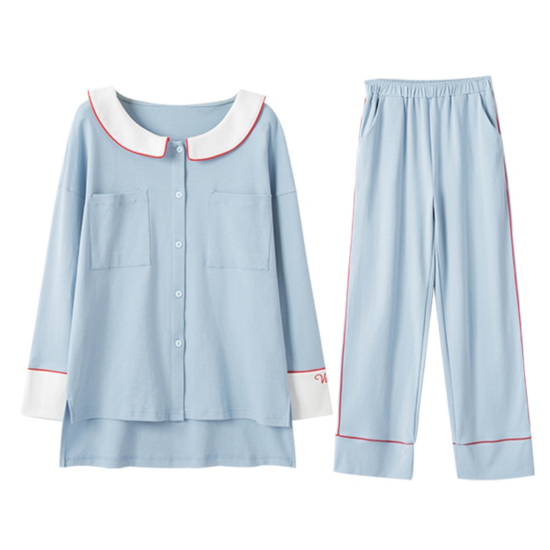 纯棉双面针织素色翻领长袖女套装