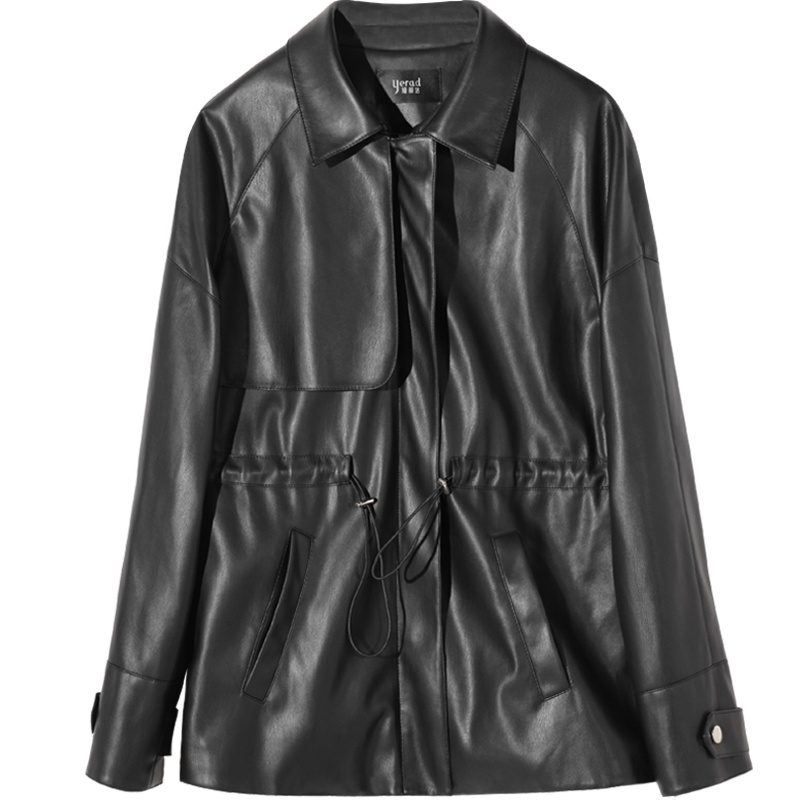 娅丽达女装黑色pu皮衣女2019春秋新款宽松短外套polo领韩版上衣I7531