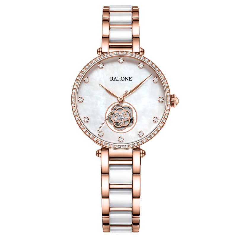雷诺(RARONE)【手链礼盒】新款山茶花时尚女士手表镂空间陶瓷钢带石英手表8600818