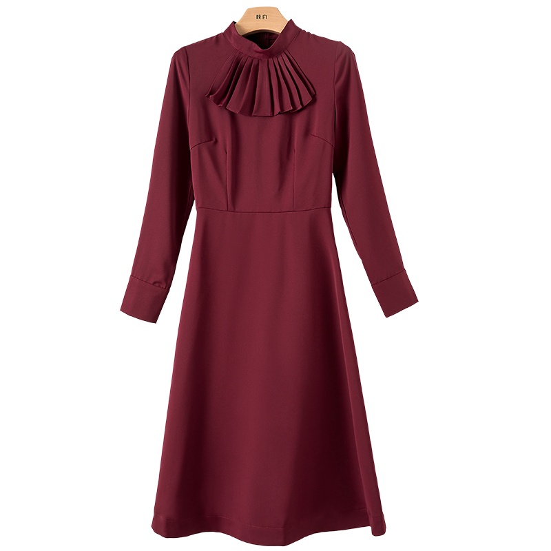 晚白2020秋冬新品简约纯色立领长袖名媛常规款A字修身连衣裙女