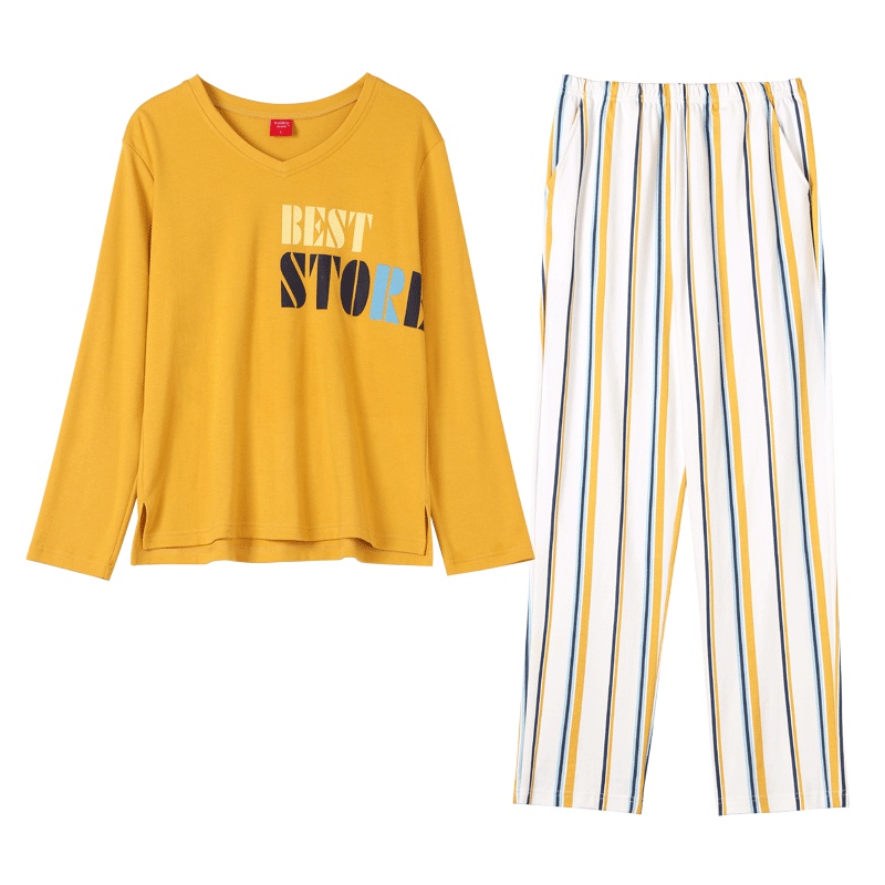 雪仙丽纯棉睡衣女秋冬季长袖圆领时尚休闲青年家居服春套装可外穿