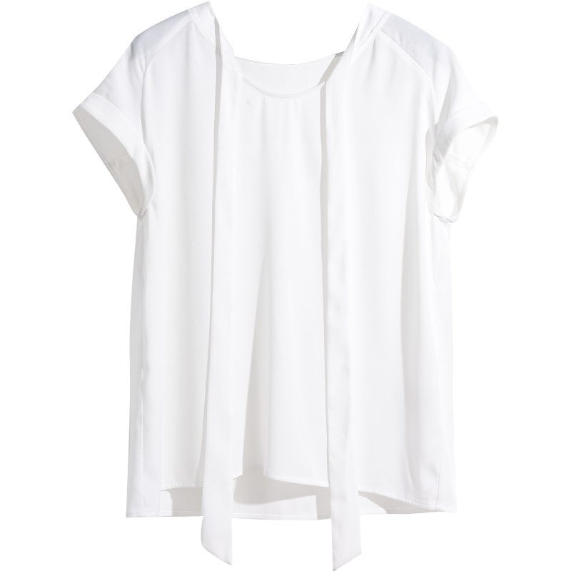 娅丽达女装2019夏季新款白色雪纺衫宽松围巾领纯色韩版套头小衫I6113