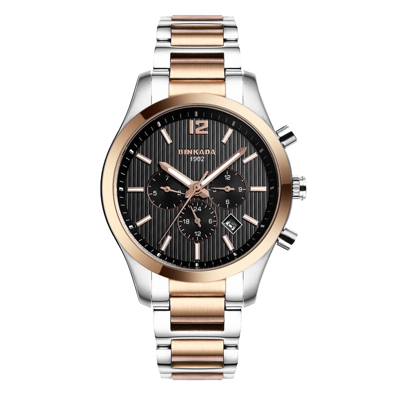 正品宾卡达BINKADA手表男士防水休闲自动机械表 男三眼六针赛车时尚男表7083间金
