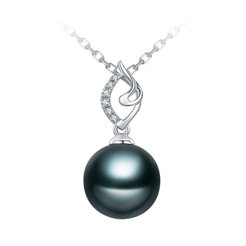 brir 佰色传情9-10mm正圆大溪地黑海水珍珠吊坠正品女18k金钻石