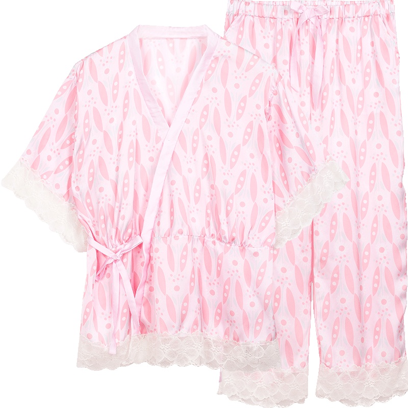 阪织屋仿真丝睡衣女秋季两件套五分袖和服简约家可爱时尚家居服