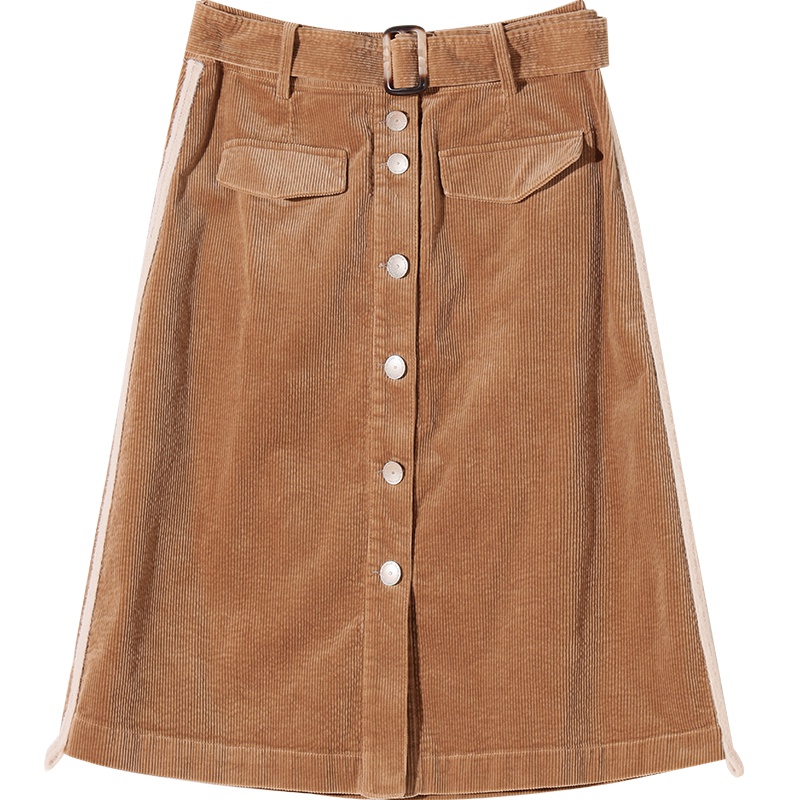 娅丽达女装2019新款灯芯绒半身裙纯色时尚高腰A字裙排扣女士裙子I7309