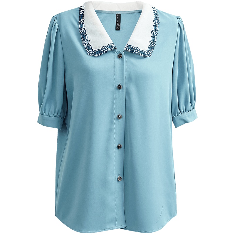 欧昵雪夏装复古娃娃领显瘦衬衫女小众ins泡泡袖短款上衣