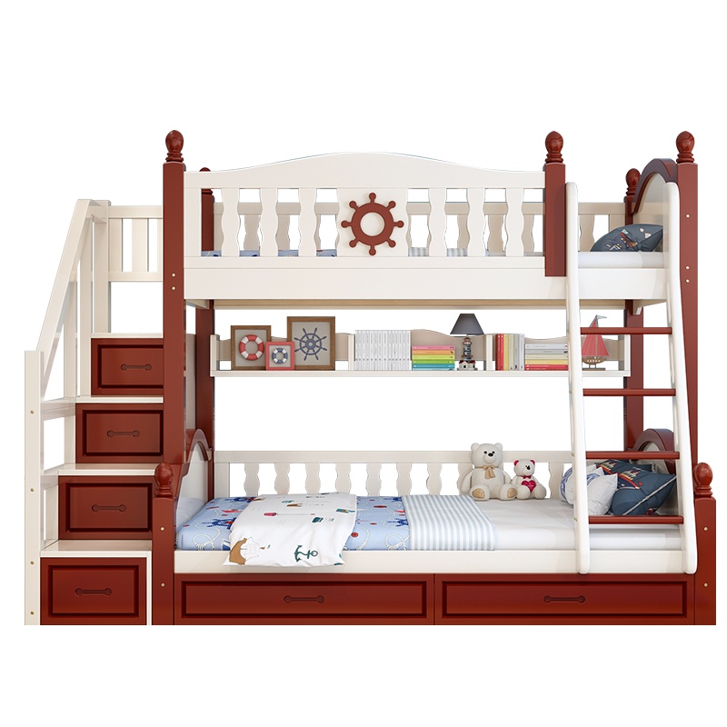 禧漫屋 高低床全实木地中海上下床双层床成人两层子母床上下铺木床彩漆 儿童床带梯柜储物床分体组装床卧室家具现代简约