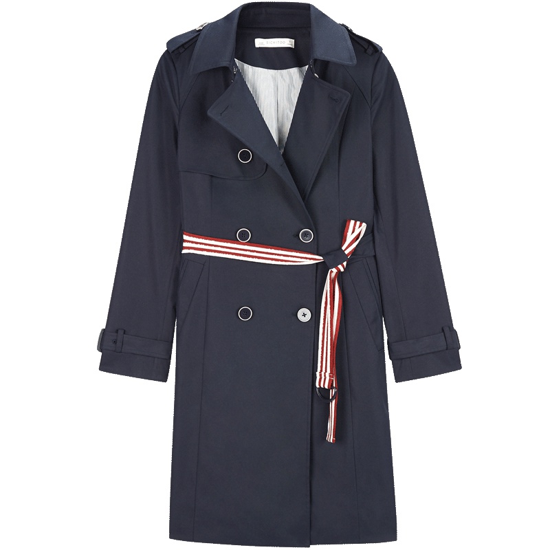 爱居兔春装2019女装撞色腰带时尚修身中长款风衣外套