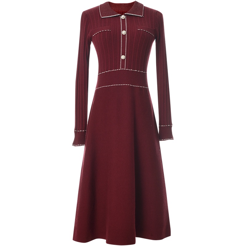 欧昵雪秋冬装赫本风Polo领针织连衣裙女气质收腰显瘦a字裙
