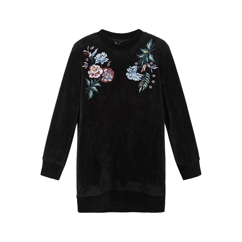 7M秋冬新款韩版刺绣丝绒休闲打底中长款长袖卫衣连衣裙70009420