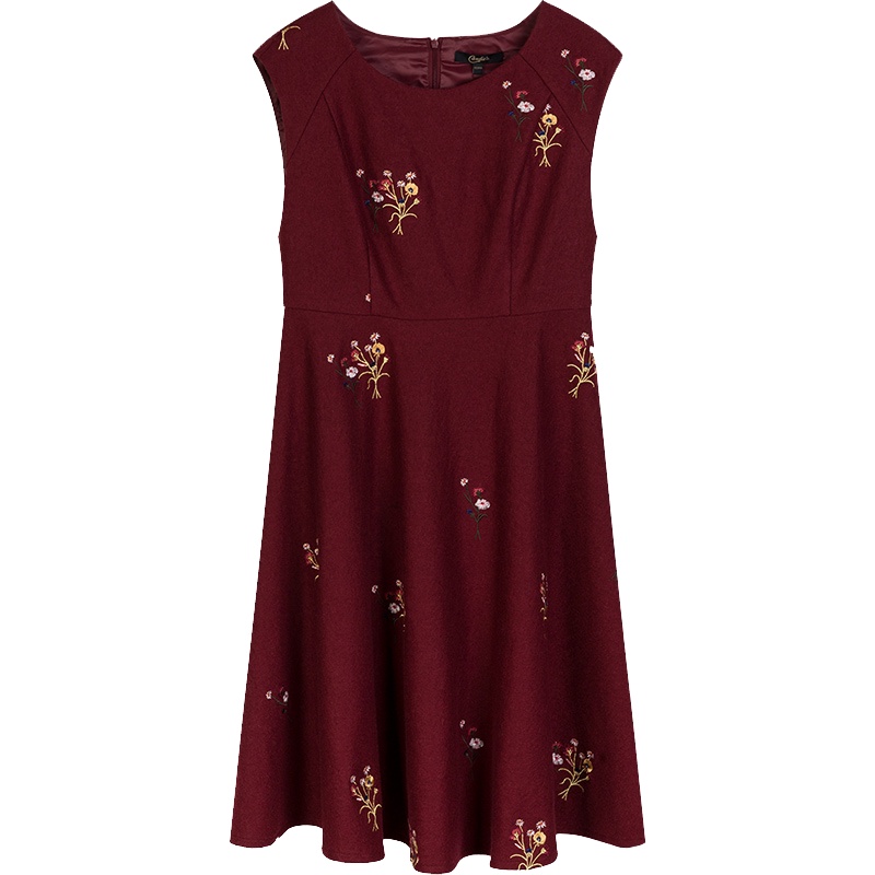 拉夏贝尔a字连衣裙女冬季淑女绣花高腰修身百搭无袖打底30074337