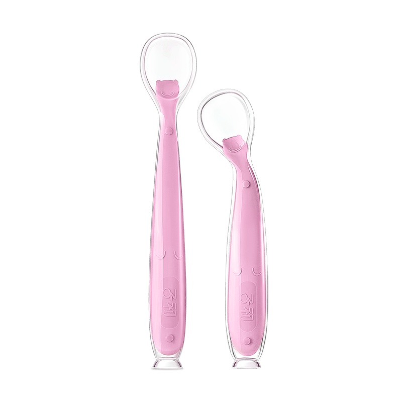 子初婴儿勺子宝宝萌趣硅胶学食勺新生儿童喂水辅食碗餐具两件套 粉色