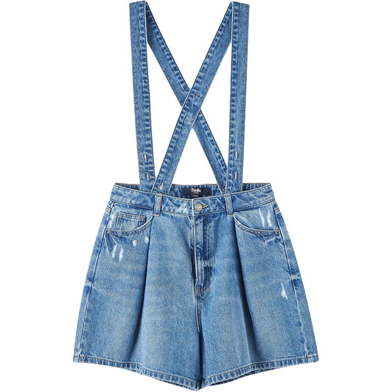 puella背带牛仔短裤女夏季新款宽松高腰显瘦阔腿直筒裤子