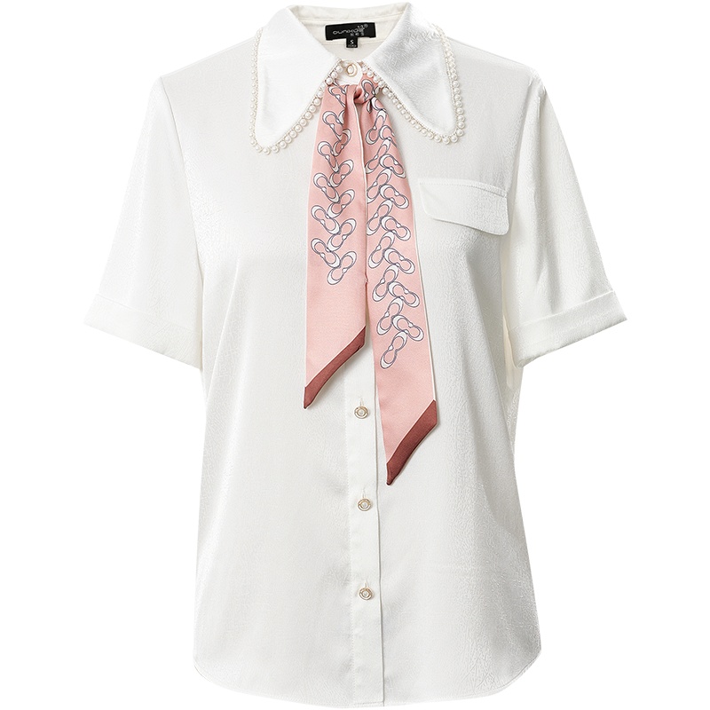 欧昵雪夏季娃娃领系带丝巾缎面衬衫女OL职业宽松短袖上衣