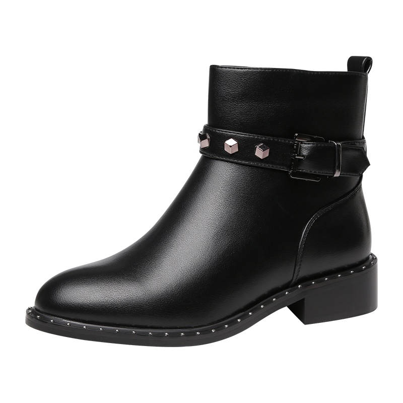 PLAYBOY/花花公子秋冬季加绒纯色休闲韩版侧拉链设计圆头粗跟时尚网红瘦瘦短靴女G13699268