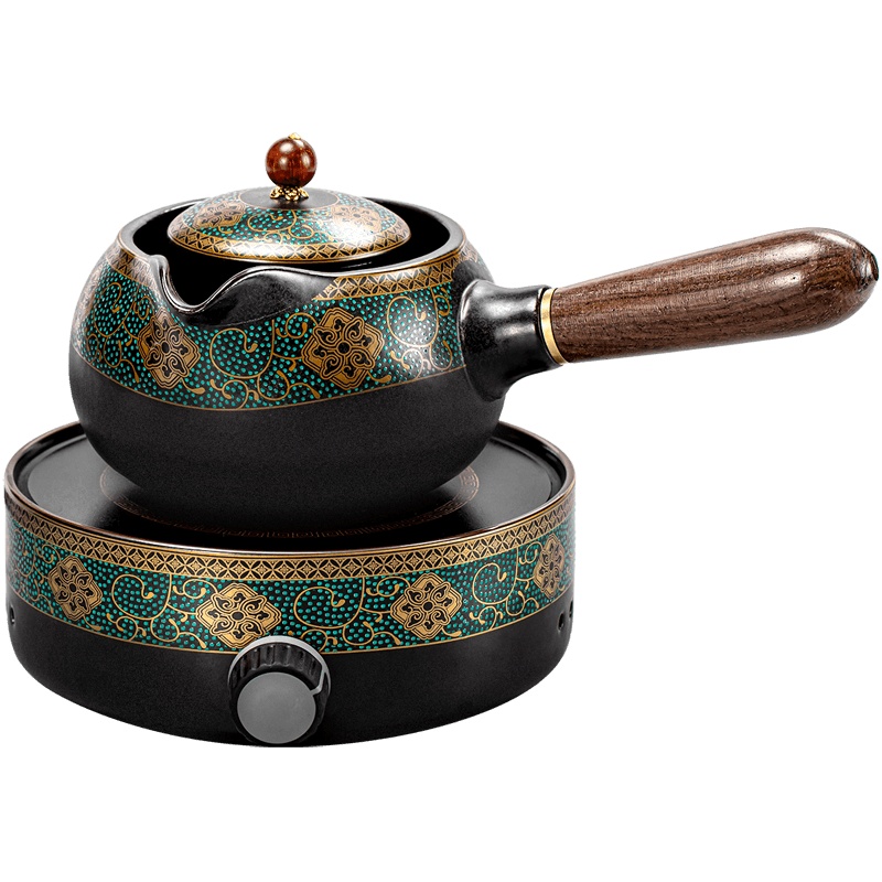 家用陶瓷侧把壶功夫茶具茶炉电陶炉烧水壶普洱黑茶煮茶器 古韵侧把煮茶壶配电陶炉(机械)