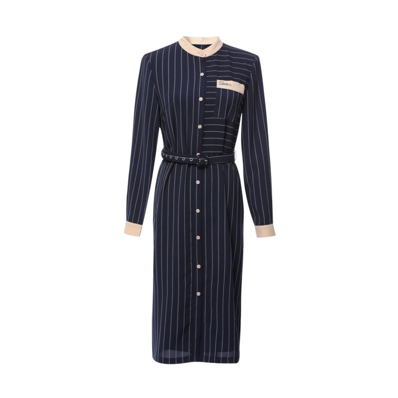 欧昵雪秋装撞色立领绣花口袋套头条纹收腰连衣裙女长袖