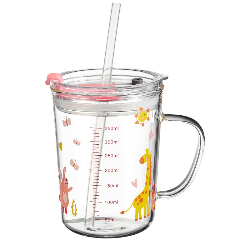 富光(FGA)牛奶杯带刻度早餐喝奶杯微波炉可加热玻璃耐热儿童冲泡奶粉杯 粉色小长颈鹿450ml单手柄(收藏加购优先发货)