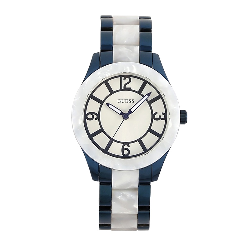 盖尔斯(GUESS)时尚潮流系列个性气质蓝间贝母表盘石英女士手表W0074L3