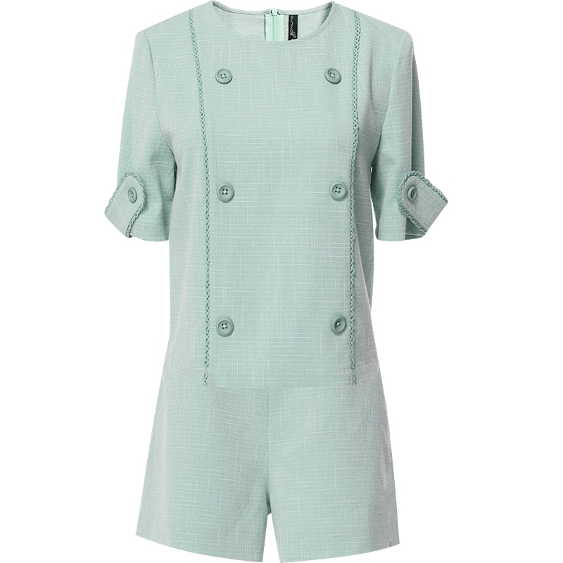 欧昵雪夏季圆领拼接芽条短袖小衫女高腰阔腿短裤两件套装